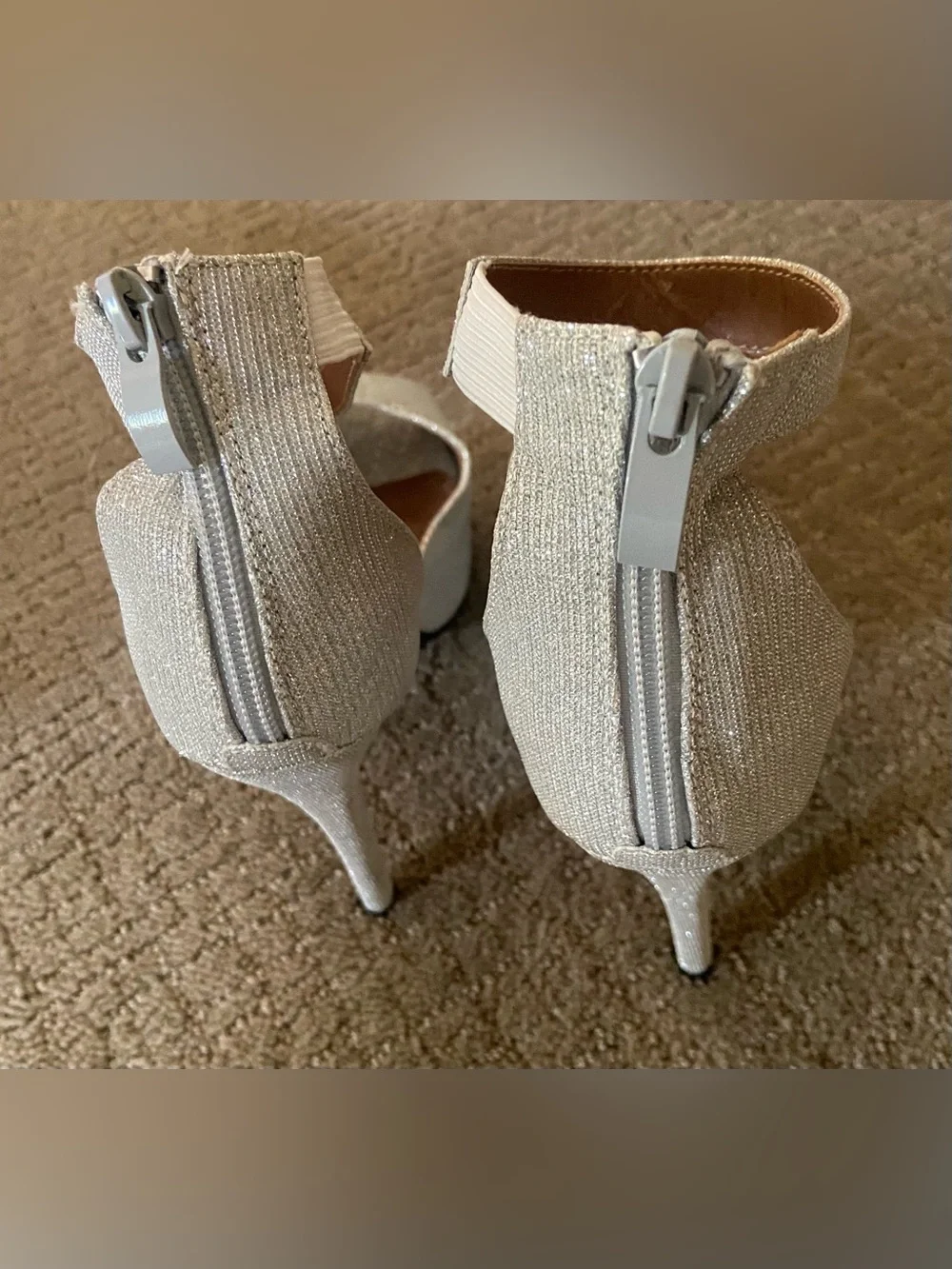 Silver Glitter Platform Peep Toe Stiletto Heels w/ ankle strap size 9